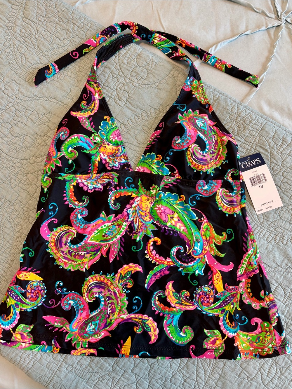 Chaps Black Paisley Halter Tankini Top with Neon Pink, Green and Turquoise